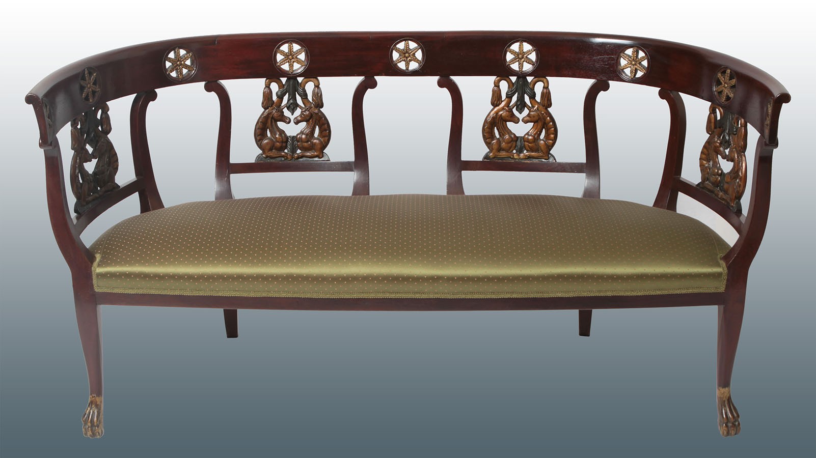 Antico divano italiano stile impero in legno di mogano con intagli