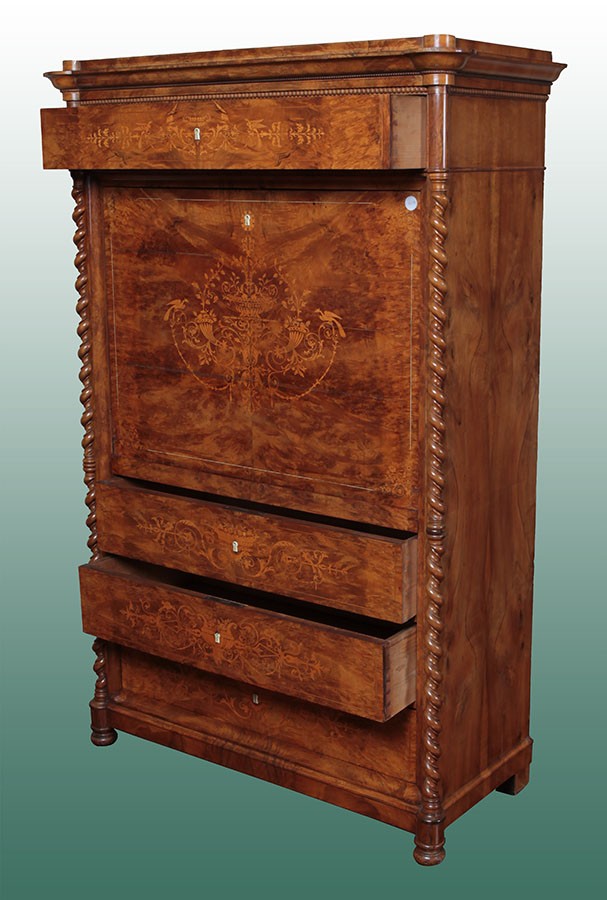 Antico secretaire Nord Europa del 1800 stile Carlo X in piuma di mogano