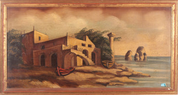 Antico olio su tela italiano del 1900 raffigurante paesaggio marino
