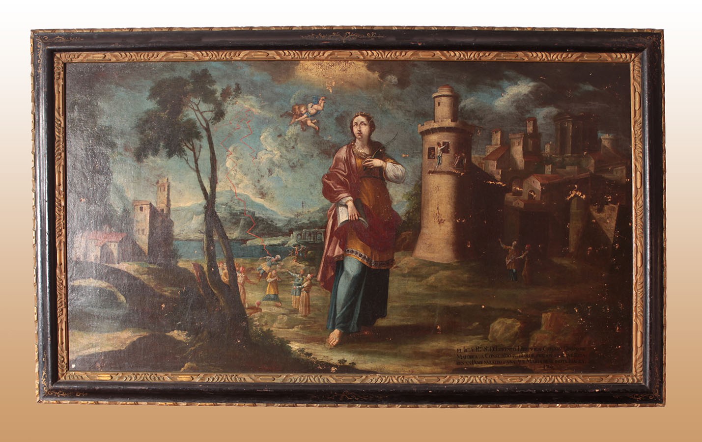 Ancient oil on canvas from 1700 depicting the sacred subject of Santa Barbara