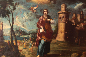 Huile sur toile de 1700 représentant le sujet sacré de Santa Barbara