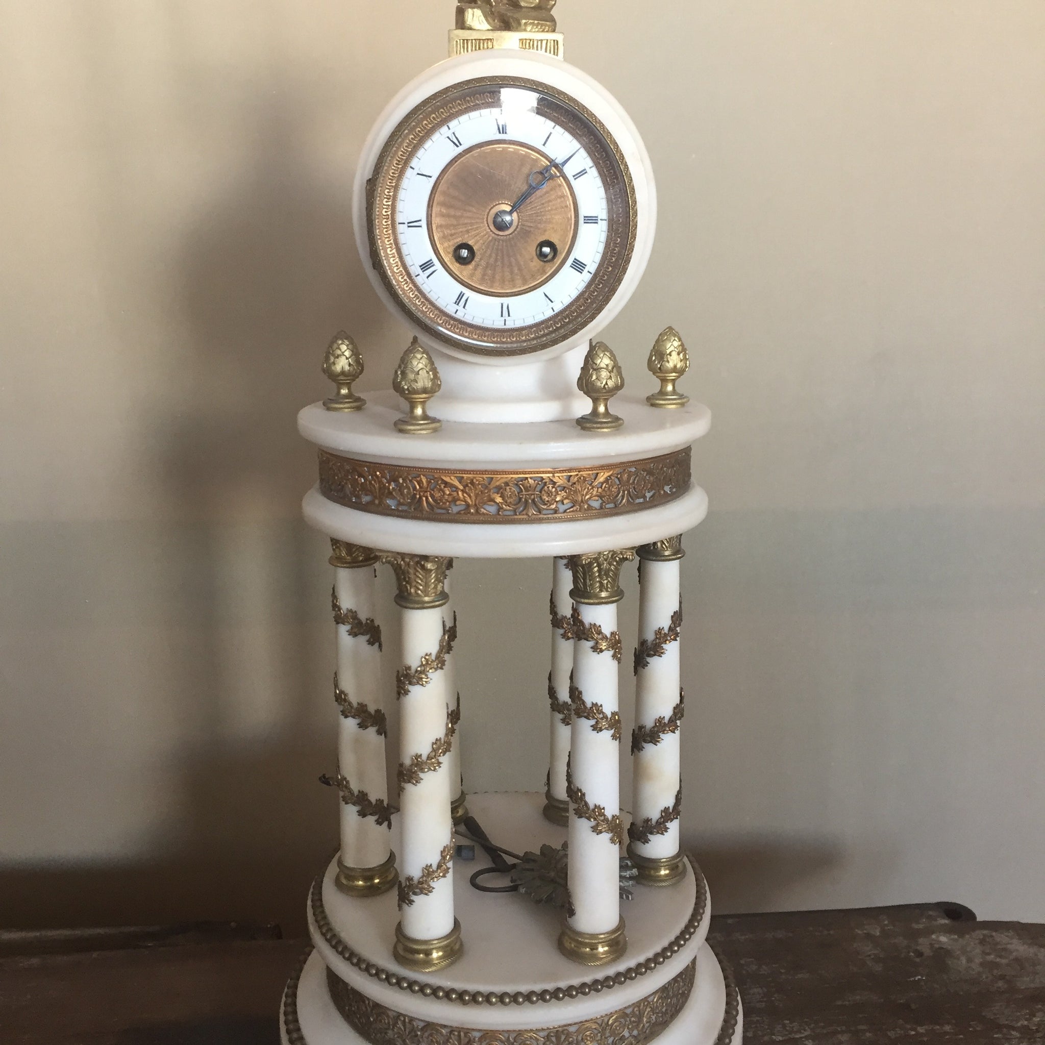 Antique French 1800s Empire style white marble table mantel clock