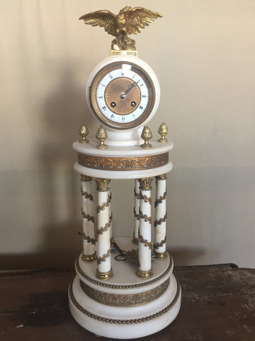 Antique French 1800s Empire style white marble table mantel clock