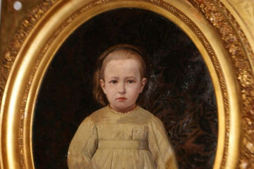 Antique French oil painting from 1800 portrait of a young girl