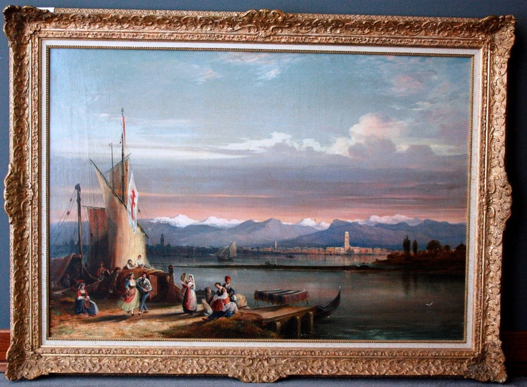 Huile sur toile italienne ancienne de 1800, signée, représentant un lac