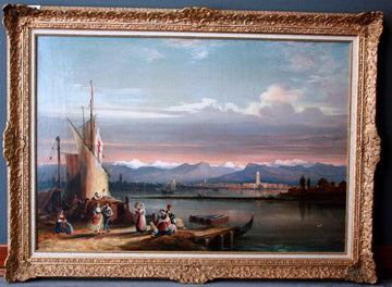Huile sur toile italienne ancienne de 1800, signée, représentant un lac