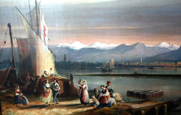 Olio su tela italiano raffigurante lago attribuito a Marianna Pascoli