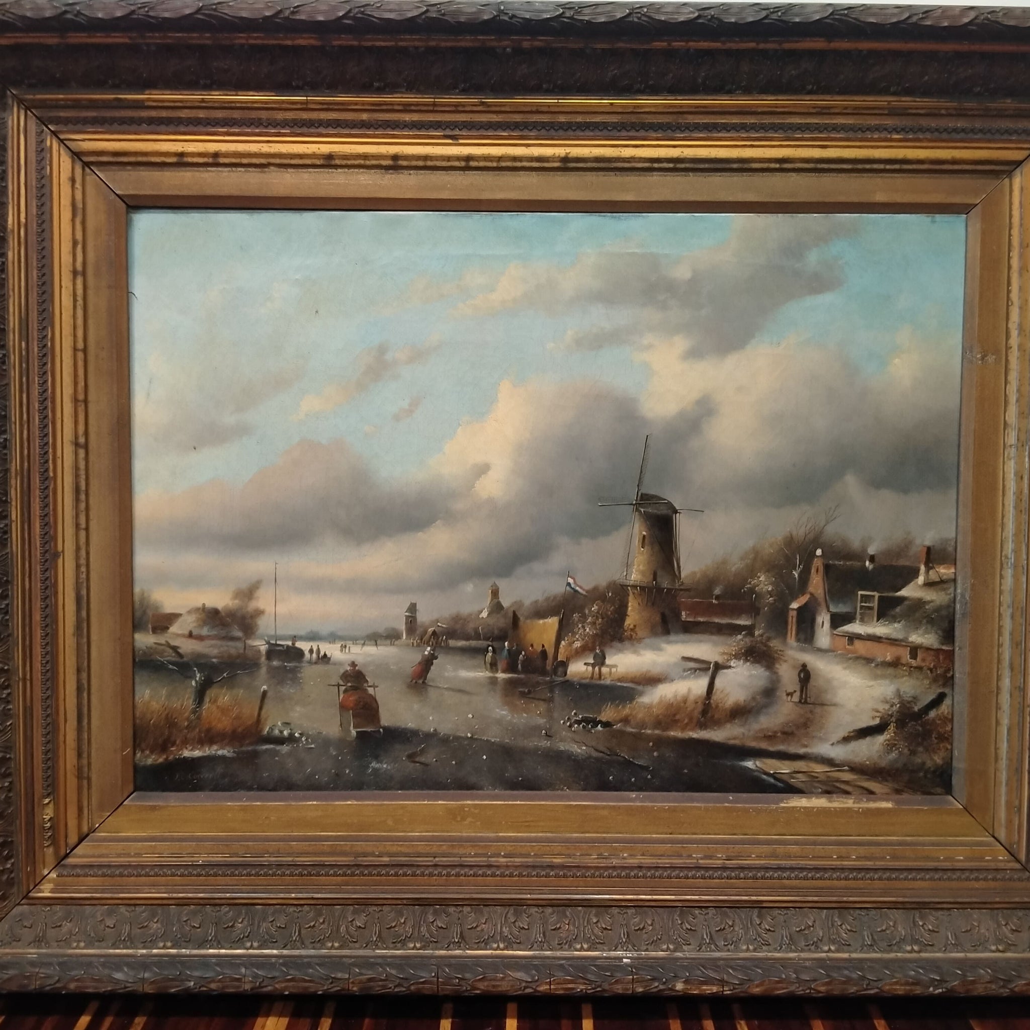 Olio su tela paesaggio con fiume ghiacciato