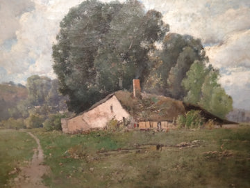 Antique oil on canvas depicting an impressionist rural landscape