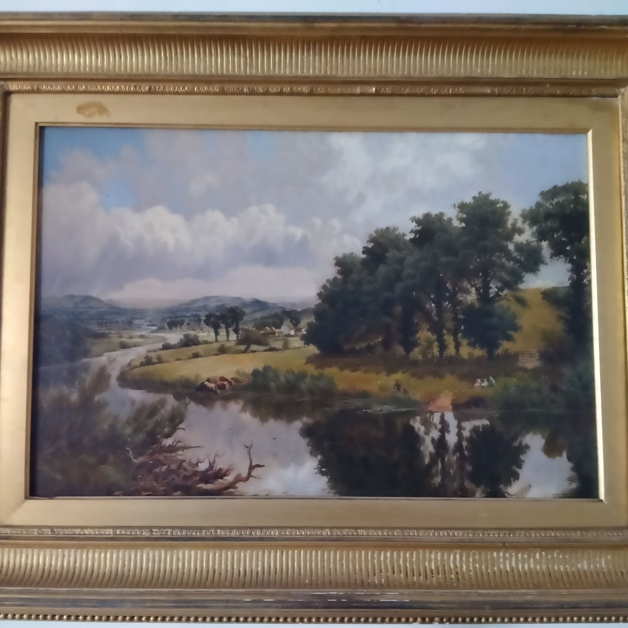 Antique English oil on canvas from 1800 landscape with river and pasture