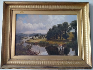 Antique English oil on canvas from 1800 landscape with river and pasture