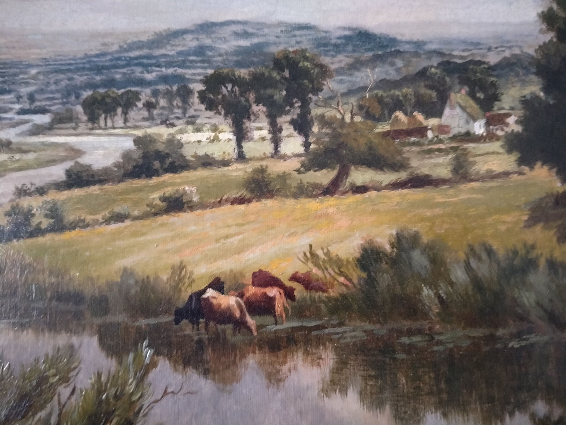 Antico olio su tela inglese del 1800 paesaggio con fiume e pascolo