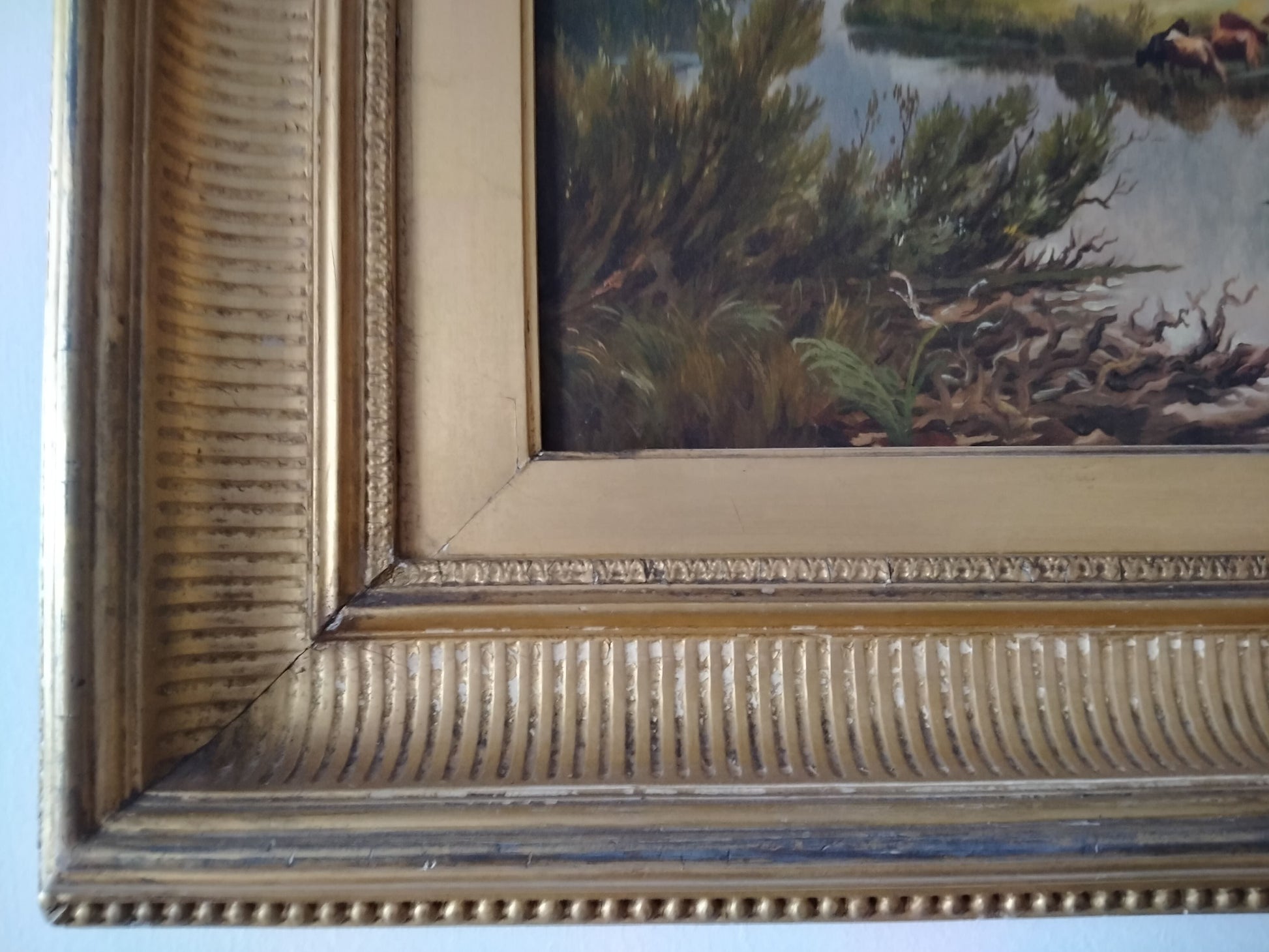 Antico olio su tela inglese del 1800 paesaggio con fiume e pascolo
