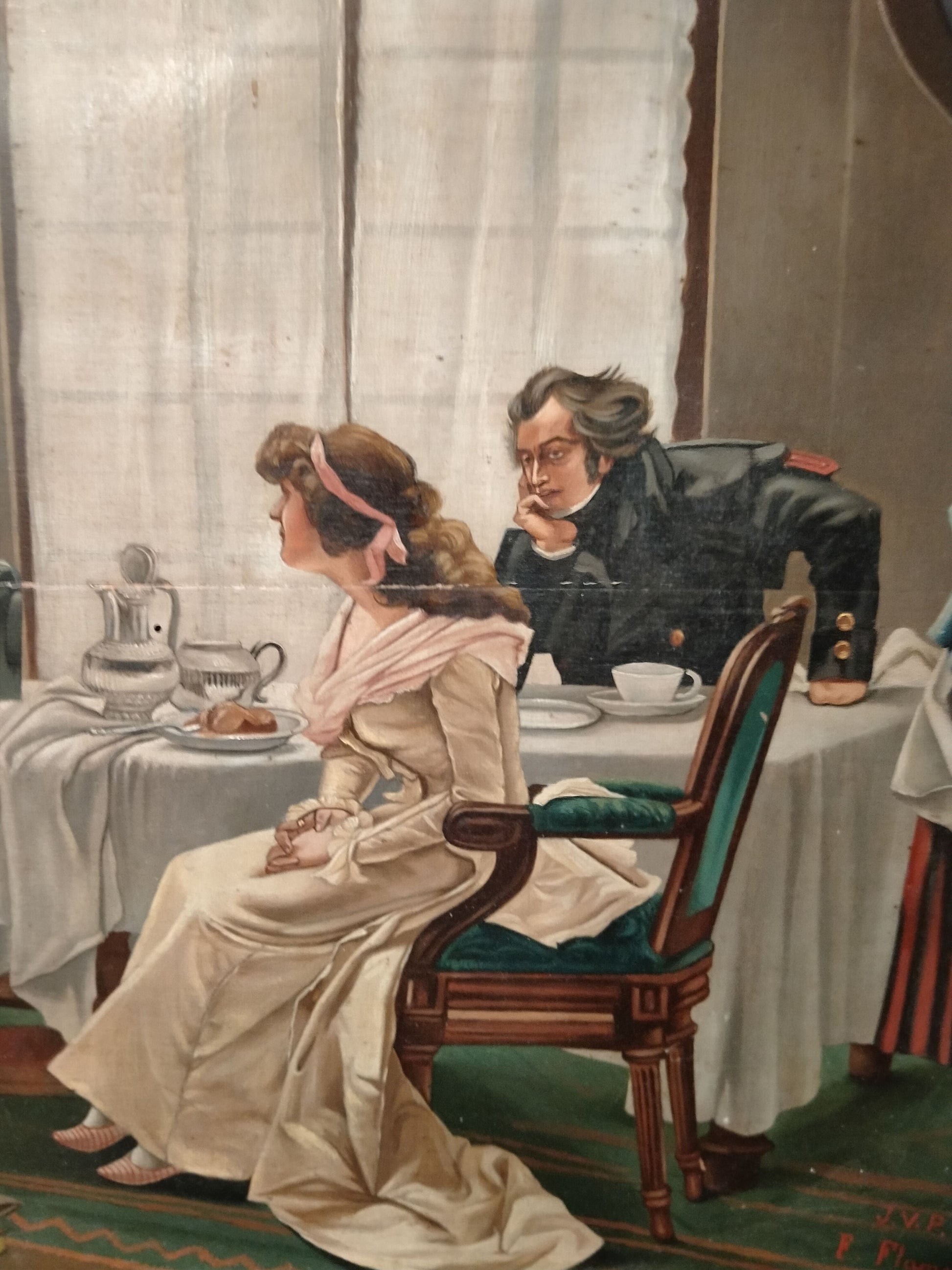 Olio su tavola di ispirazione François Flameng "Scena di interni"