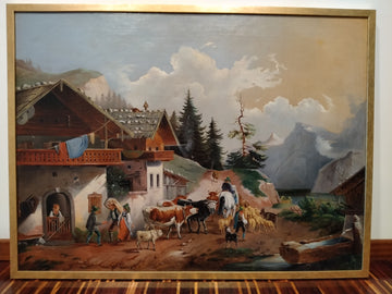 Ancient oil painting depicting a mountain village with animal characters