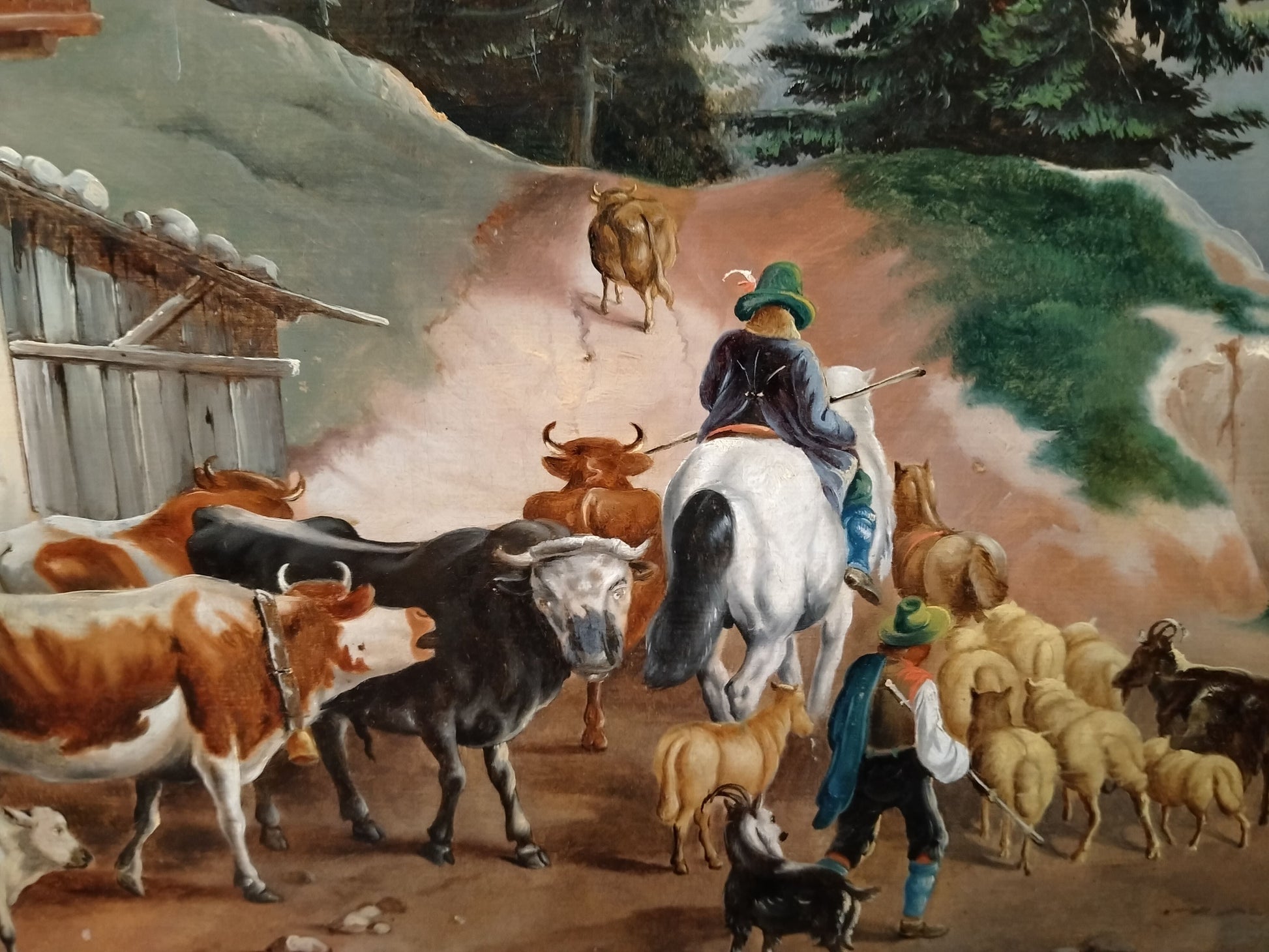 Antico olio su tela raffigurante paese di montagna personaggi animali 
