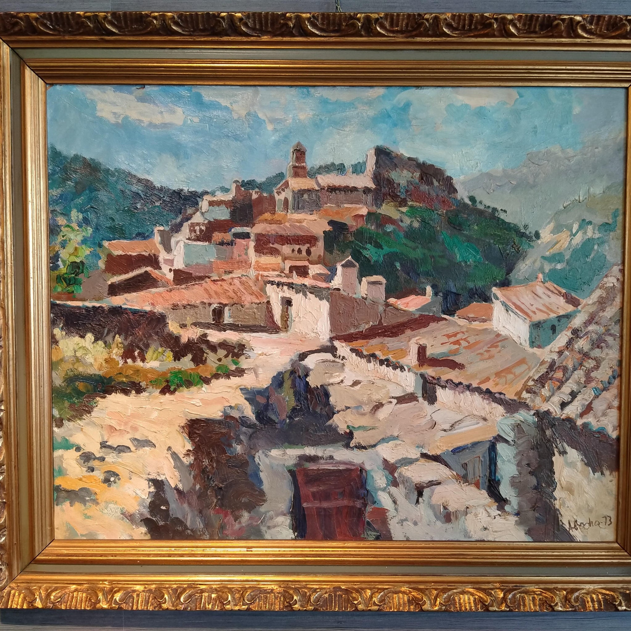 Antico olio su tela post-impressionista spagnolo del 1900 firmato