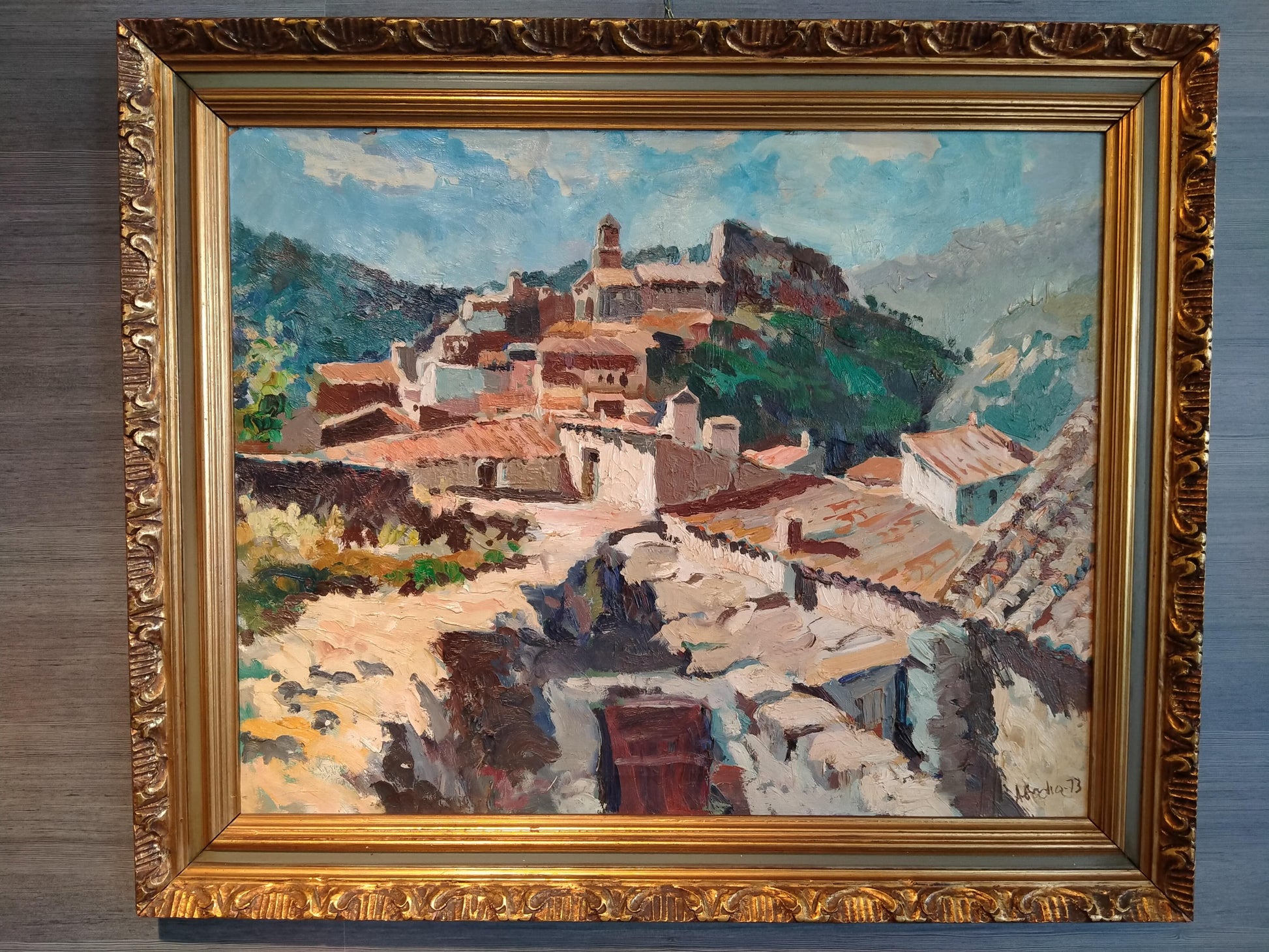 Antico olio su tela post-impressionista spagnolo del 1900 firmato