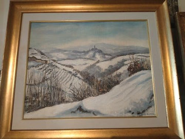 Huile sur toile ancienne signée Guido Botta, paysage de montagne enneigé