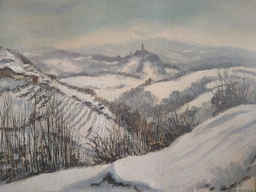 Huile sur toile ancienne signée Guido Botta, paysage de montagne enneigé