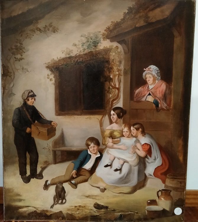 Ancient oil painting "family scene" mother with children, old woman and milkman 1800