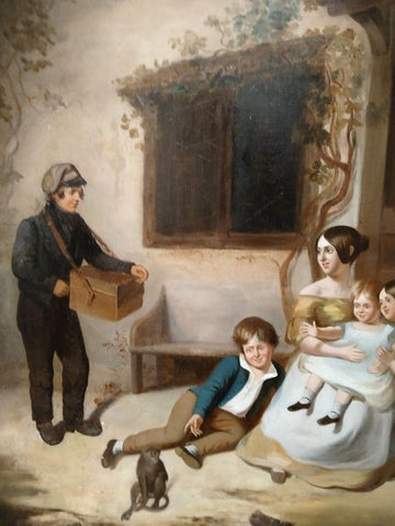 Huile sur toile scène de famille mère avec enfants, vieille femme et laitier 1800