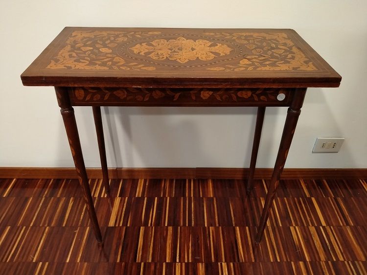 Antico tavolino da gioco olandese in mogano 1800 Luigi XVI intarsiato