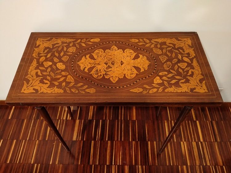 Antico tavolino da gioco olandese in mogano 1800 Luigi XVI intarsiato