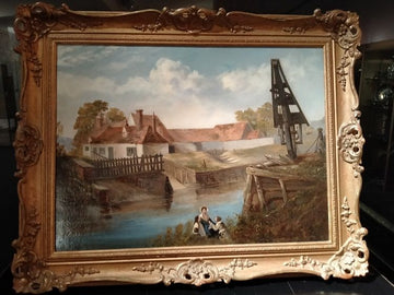 Antique English oil on canvas from 1800 depicting a river landscape