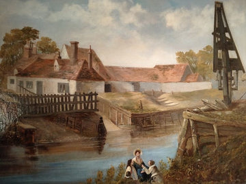 Huile sur toile anglaise antique de 1800 représentant un paysage fluvial