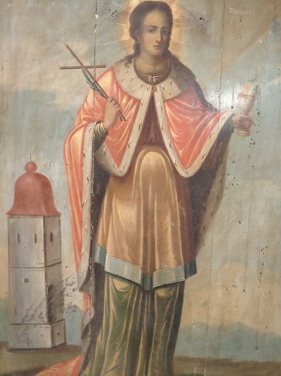 Antica icona raffigurante Santa Barbara con cornice 1800 19thcentury 