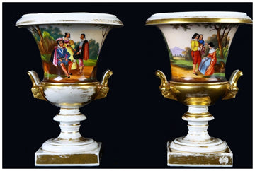 Pair of antique French decorated krater vases from the 1800s