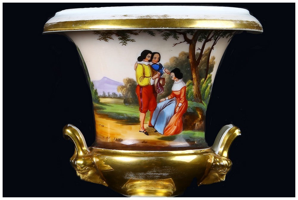 Coppia di antichi vasi francesi del 1800 a cratere decorati