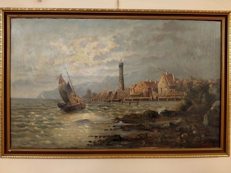 Antico olio su tela inglese del 1800 raffigurante veduta marina 