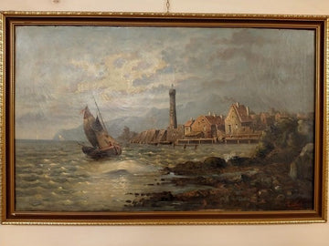 Huile sur toile anglaise antique de 1800 représentant une vue sur la mer