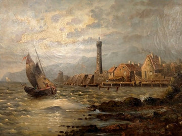Huile sur toile anglaise antique de 1800 représentant une vue sur la mer