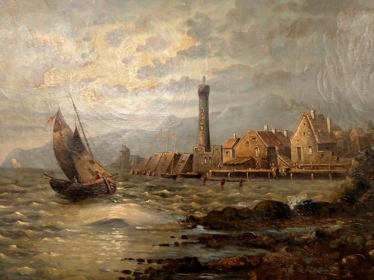Antico olio su tela inglese del 1800 raffigurante veduta marina 