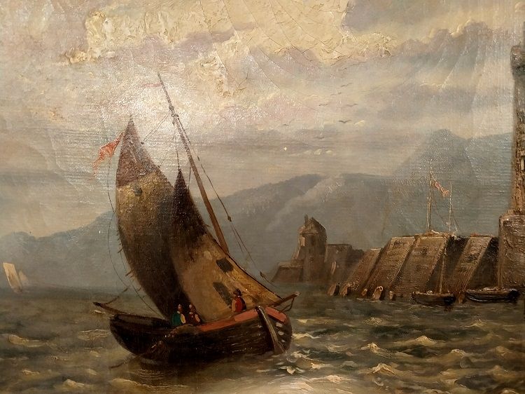 Antico olio su tela inglese del 1800 raffigurante veduta marina 