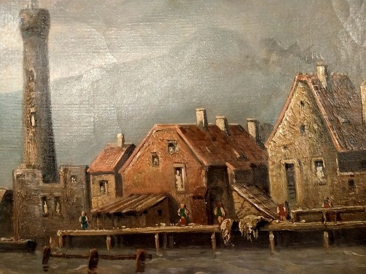 Antico olio su tela inglese del 1800 raffigurante veduta marina 