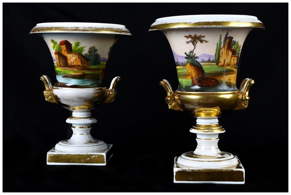 Coppia di antichi vasi francesi del 1800 a cratere decorati