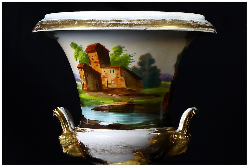 Coppia di antichi vasi francesi del 1800 a cratere decorati