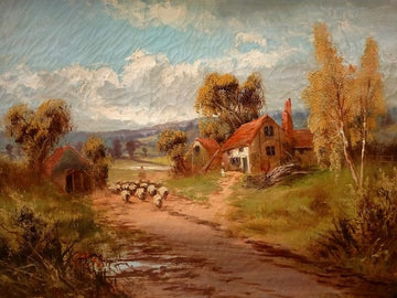 Antique oil on canvas depicting a rural landscape with flocks, 1800