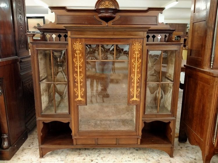 Vitrine anglaise ancienne, du début des années 1900, en acajou avec incrustations