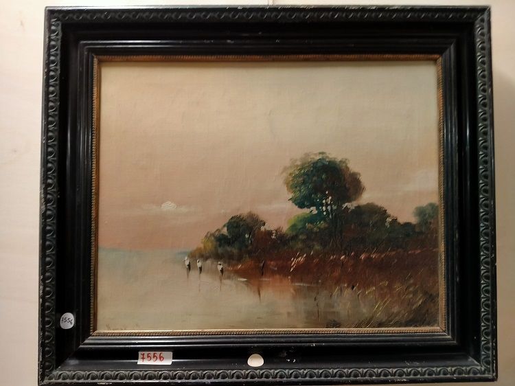 Antico olio su tela inglese raffigurante tramonto, lago e aironi 1800