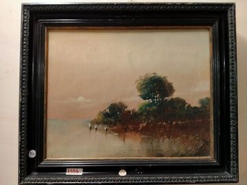 Antique English oil on canvas depicting sunset, lake and herons, 1800