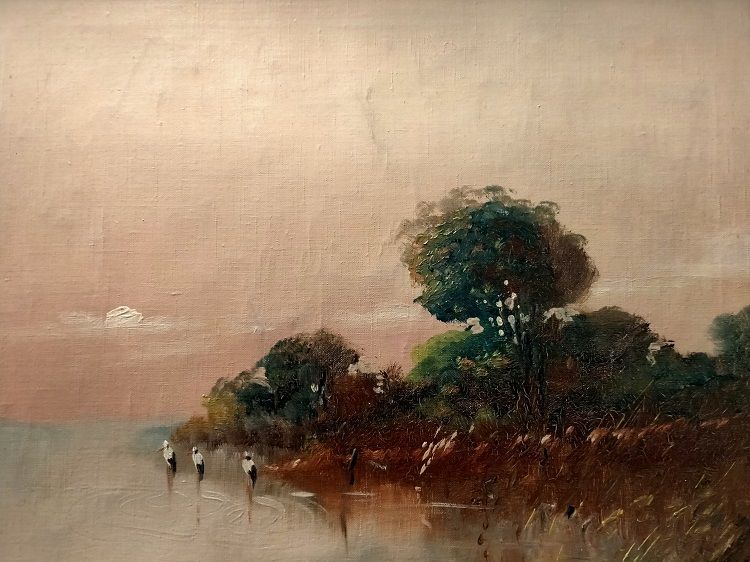 Antico olio su tela inglese raffigurante tramonto, lago e aironi 1800
