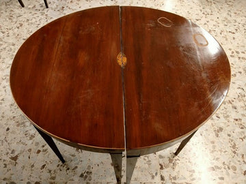Petite Table console ancienne demi-lune fendue en acajou de style Smith