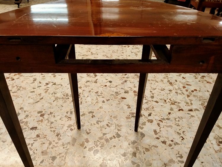 Antico tavolino sdoppiabile consolle mezza luna in mogano stile Smith