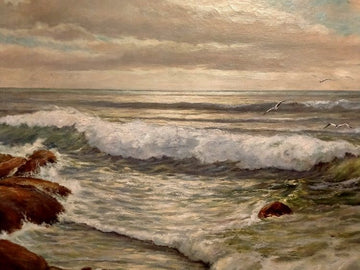 Antique oil on canvas depicting the sea, waves with thresholds and seagulls, 1800