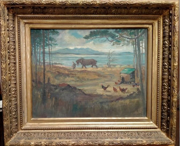 Huile sur toile ancienne représentant un paysage rural de 1800, 19ème siècle